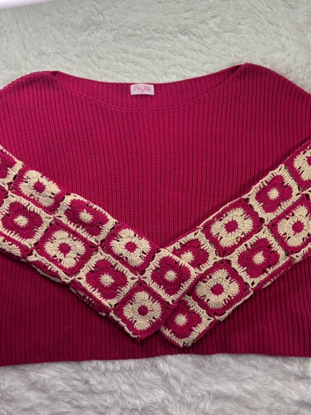 Pink Lily Granny Square Crochet Sleeve Sweater Berry Pink Knit Crop Pullover 3XL